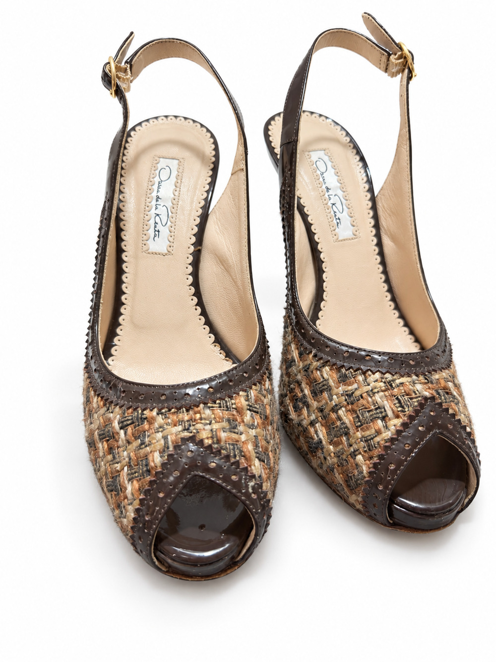 Oscar de la Renta Tweed Patent Leather Peep Toe Slingback Heels Pumps Size 37.5